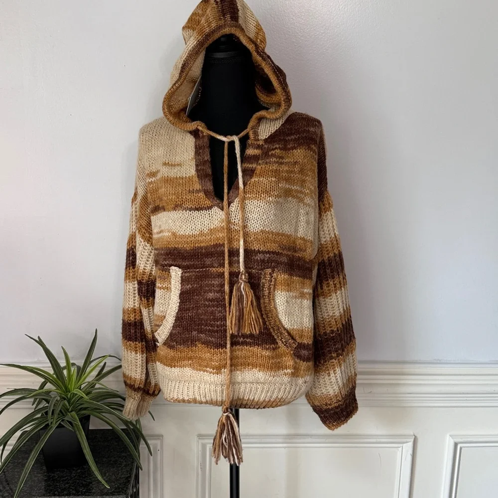 NWT Moon River Anthro Brown Cream Striped Knit Hoodie Sweater Jogger Pants M - Picture 2 of 8